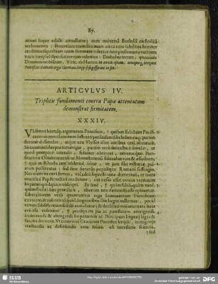Articulus IV. Triplicis fundamenti contra Papae attentatum demonstrat firmitatem