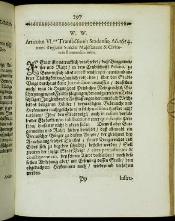 W.W. Articulus VI.tus Transactionis Stadensis, Ao. 1654. [...]