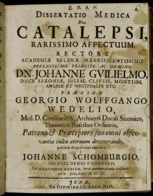 Dissertatio Medica De Catalepsi, Rarissimo Affectuum