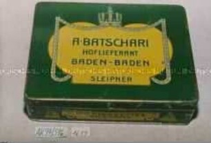 Blechdose für 100 Stück "CIGARETTES SLEIPNER GOLD TIPPED" A. BATSCHARI HOFLIEFERANT BADEN-BADEN