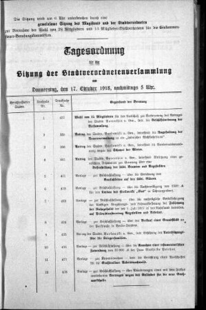 Tagesordnung, 1918/10/17