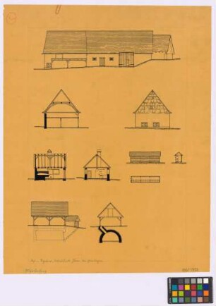 Eybach (Landkreis Göppingen): Obere Roggenmühle. - Back- und Waschhaus (Querschnitt, Längsschnitt). - Scheuer und Stall (Seiten-Ansicht, Querschnitt, Giebel-Ansicht). - Bienenhaus (Seiten-Ansicht, Grundriss, Querschnitt). - Keller mit Übergebäude (Seiten-Ansicht, Längsschnitt)