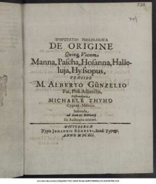 Disputatio Philologica De Origine Quinque Vocum Manna, Pascha, Hosanna, Halleluja, Hyssopus