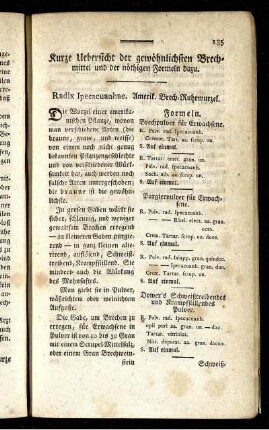 Kurze Uebersicht der gewöhnlichsten Brechmittel und der nöthigen Formeln dazu.