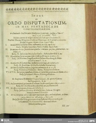 Index Et Ordo Disputationum, In Hac Pentadecade Comprehensarum