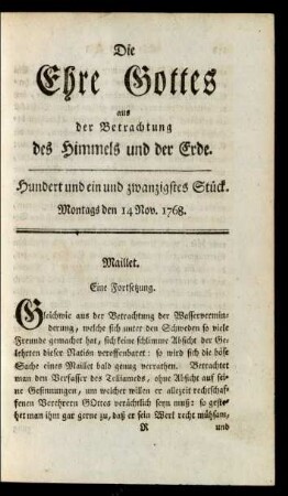 Hundert und ein und zwanzigstes Stück. Montags den 14 Nov. 1768