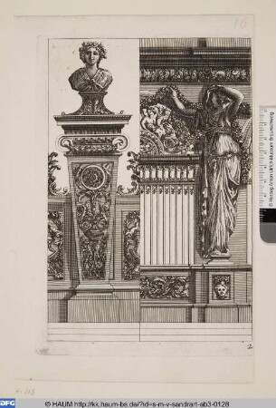 Wanddekoration mit Büste und eine Blumengirlande haltende weibliche Figur