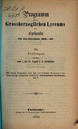 Programm des Grossherzoglichen Lyceums zu Karlsruhe : für das Schuljahr .... 1865/66