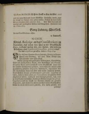 N. CXCIX. Königl. Rescript an das Consistorium zu Hannover, daß denen von Adel in der Graffschafft Hoya, verstattet [...].