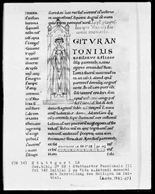 Stuttgarter Passionale — Ergänzungsband — Textseite mit zwei figürlichen Initialen, Folio 142recto — Initiale I (gitur Antonius nobilibus), darin der heilige Antonius, Folio 142recto