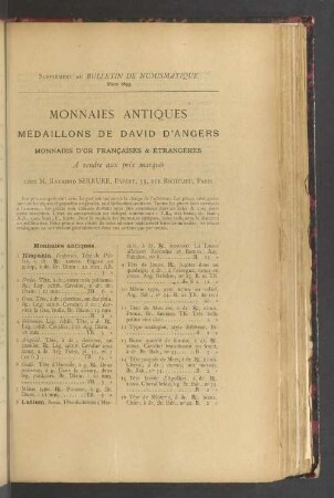 Supplément au Bulletin de numismatique. Mars 1895. Monnaies antiques médaillons de David d'Angers. Monnaies d'or françaises & étrangères