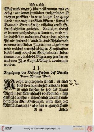 II. Anzaigung der Beschaffenheit deß Viertls unter Wienner Wald