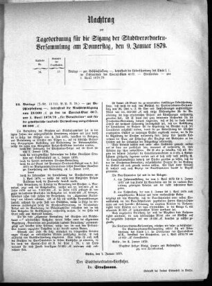 Anlage: Nachtrag zur Tagesordnung, 9. Januar 1879