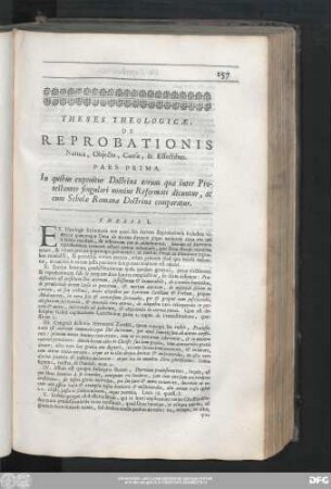 Theses Theologicae : De Reprobationis Natura, Obiecto, Causa, & Effectibus.