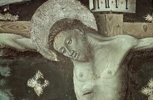 Christus am Kreuz zwischen Maria und Johannes und Petrus und Paulus