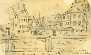 Grötzingen Blick entlang der Pfinz auf eine Balkenbrücke und Gasthaus zur Krone