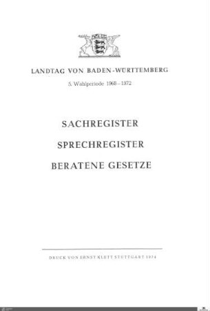 7: Landtag Baden-Württemberg, Register, 1968-1972