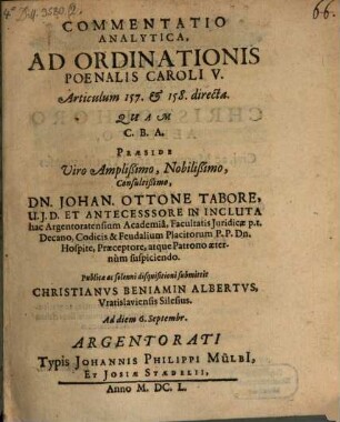 Commentatio Analytica, Ad Ordinationis Poenalis Caroli V. Articulum 157. & 158. directa