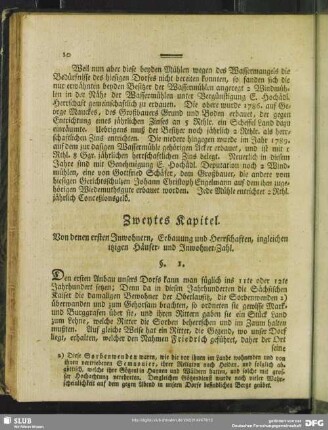 Zweytes Kapitel. Von denen ersten Inwohnern, Erbauung und Herrschaften, ingleichen itzigen Häuser- und Inwohner-Zahl