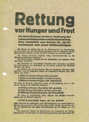 Flugblatt des Reichsausschuß der Erwerbslosen und des Reichsausschusses der Antifaschistischen Aktion mit dem Titel "Rettung vor Hunger und Frost"