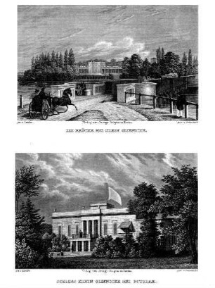 Tafel: Die Brücke bei Klein Glienicke; Schloss Klein Glienicke bei Potsdam