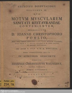 Exercitii Disputatorii Tentamen III. Quo Motum Muscularem Sanitati Restaurandae Convenientem