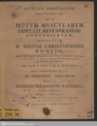 Exercitii Disputatorii Tentamen III. Quo Motum Muscularem Sanitati Restaurandae Convenientem
