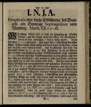 Paraphrasis oder kurtze Erklärung des Evangelii am Sonntage Septuagesimæ vom Weinberg. Matth. XX. V. 1-16.