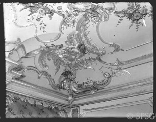Potsdam, Neues Palais, Wohnung Friedrich II., Arbeitszimmer, R.: 210, Decke, Rocaillenwerk in der Nordostecke.