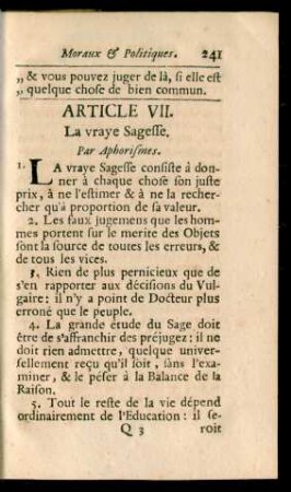 Article VII. La vraye Sagesse. Par Aphorismes