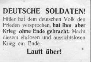 Sowjetisches Abwurf-Flugblatt mit der Aufforderung zum Überlaufen