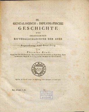Genealogisch-diplomatische Geschichte des erloschenen Rittergeschlechtes der Auer in Regensburg und Prennberg