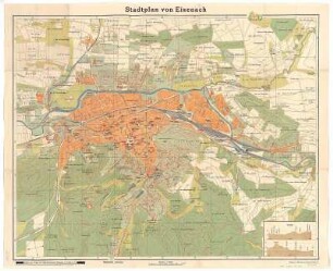 Stadtplan von Eisenach, ca. 1:8 000, Lithographie, um 1929 : Stadtplan von Eisenach : nach amtlichem Material = 2., verbesserte Aufl.. - 1:8 000. - Eisenach : Kahle , 1929. - 1 Kt. : mehrfarb. Lithogr. ; 68 x 54 cm + Beil. (3 S.)