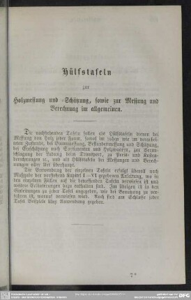 Hülfstafeln zur Holzmessung und -Schätzung, sowie zur Messung und Berechnung im allgemeinen