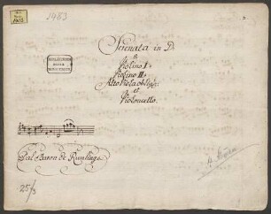 Divertimentos, vl (2), vla, b, D-Dur - BSB Mus.ms. 1483 : [title, b:] Serenata in D: // a // Violino I. // Violino II. // Alto Viola oblig: // et // Violoncello. // [Incipit] // Dal Baron de Rumlinge