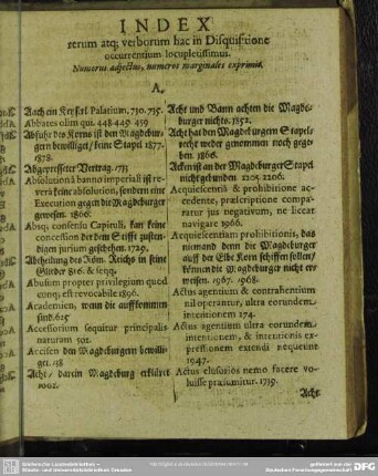 Index rerum atq[ue] verborum hac in Disquisitione occurentium locupletissimus
