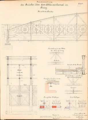 Schleusenkanalbrücke, Brieg: Ansichten, Aufsichten, Grundriss, Schnitte, Details 1:20, 1:10
