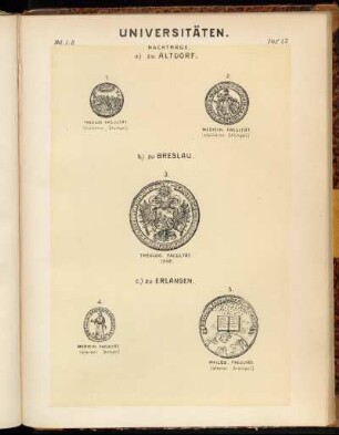 Taf. 47. a.) zu Altdorf. 1. Theolog. Facultät. (kleinerer Stempel). - 2. Medicin. Facultät. (kleinerer Stempel) - b.) zu Breslau. 3. Theolog. Facultät. 1702. - c.) zu Erlangen. 4. Medicin. Facultät. (kleiner Stempel)., 5. Philos. Facultät. (älterer Stempel)