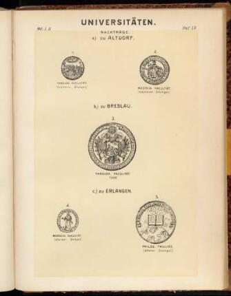 Taf. 47. a.) zu Altdorf. 1. Theolog. Facultät. (kleinerer Stempel). - 2. Medicin. Facultät. (kleinerer Stempel) - b.) zu Breslau. 3. Theolog. Facultät. 1702. - c.) zu Erlangen. 4. Medicin. Facultät. (kleiner Stempel)., 5. Philos. Facultät. (älterer Stempel)