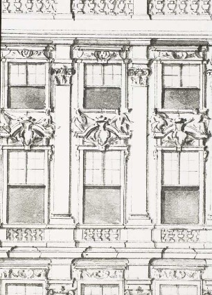 Matthäus Daniel Pöppelmann: Entwurf für die Erweiterung des Dresdner Schlosses, um 1712/13 : 2. Entwurf: Variante der Hauptseite mit erhöhtem Mittelrisalit und schmalen erhöhten seitlichen Risaliten, Ausschnitt: Fensster