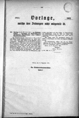 Anlagen: (942), Vorlagen, welche den Zeitungen nich mitgeteilt sind, 17. Dezember 1921
