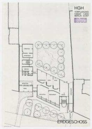 Hotel Garni Hasenheide, ehemals Kliems Festsäle (nicht realisiert) – Grundriss EG. Berlin-Neukölln, Hasenheide 14-15
