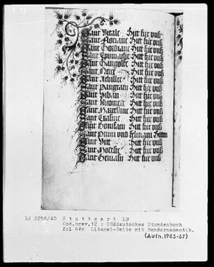 Deutsches Gebetbuch (Waldburg-Gebetbuch) — Litaneiseite mit Initiälchen S und Randornamentik, Folio 64verso