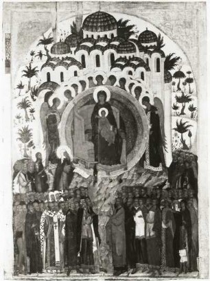 Über dich freut sich jegliches Geschöpf : Über dich freut sich jegliches Geschöpf. Ikonenmalerei; 148,5 x 110 cm (um1466/1502; Dionissij). Moskau: Tretjakow-Galerie