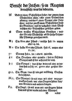 Bericht der Zeichen, so in Recepten breuchlichen, was die bedeuten.