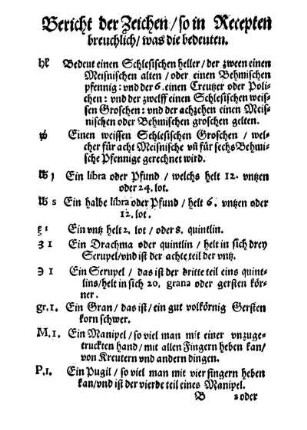 Bericht der Zeichen, so in Recepten breuchlichen, was die bedeuten.