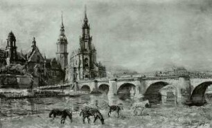 Dresden-Altstadt, vom Neustädter Ufer gesehen : Dresden-Altstadt, vom Neustädter Ufer gesehen. Öl auf Leinwand; 52 x 80,5 cm