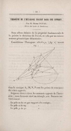 Théorème de l'hexagone inscrit dans une conique.