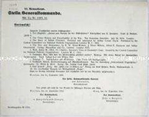 Rundschreiben des stellvertretenden Generalkommandos des VI. Armeekorps zur Beschlagnahme diverser Druckschriften