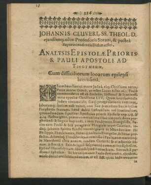 Johannis Cluveri ... Analysis Epistolae Prioris S. Pauli Apostoli Ad Timotheum, Cum difficiliorum locorum epilepsi brevissima.
